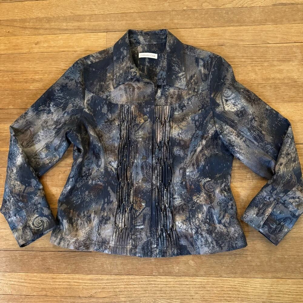 Coldwater Creek gold blue spackled denim jacket size 14P
b25
